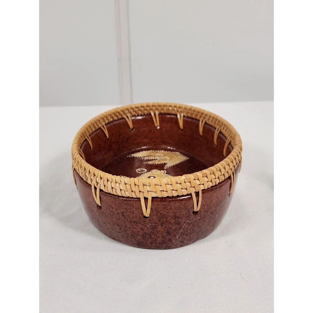 VTG Terracotta‎ Fish Bowl with Woven Rattan Trim Boho Decor Handmade 5.5